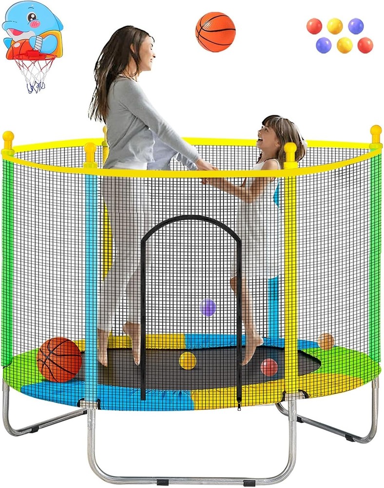 Juoe 55 Inch Trampoline Kids Enclosure 440lbs Safety Net Basketball Hoop