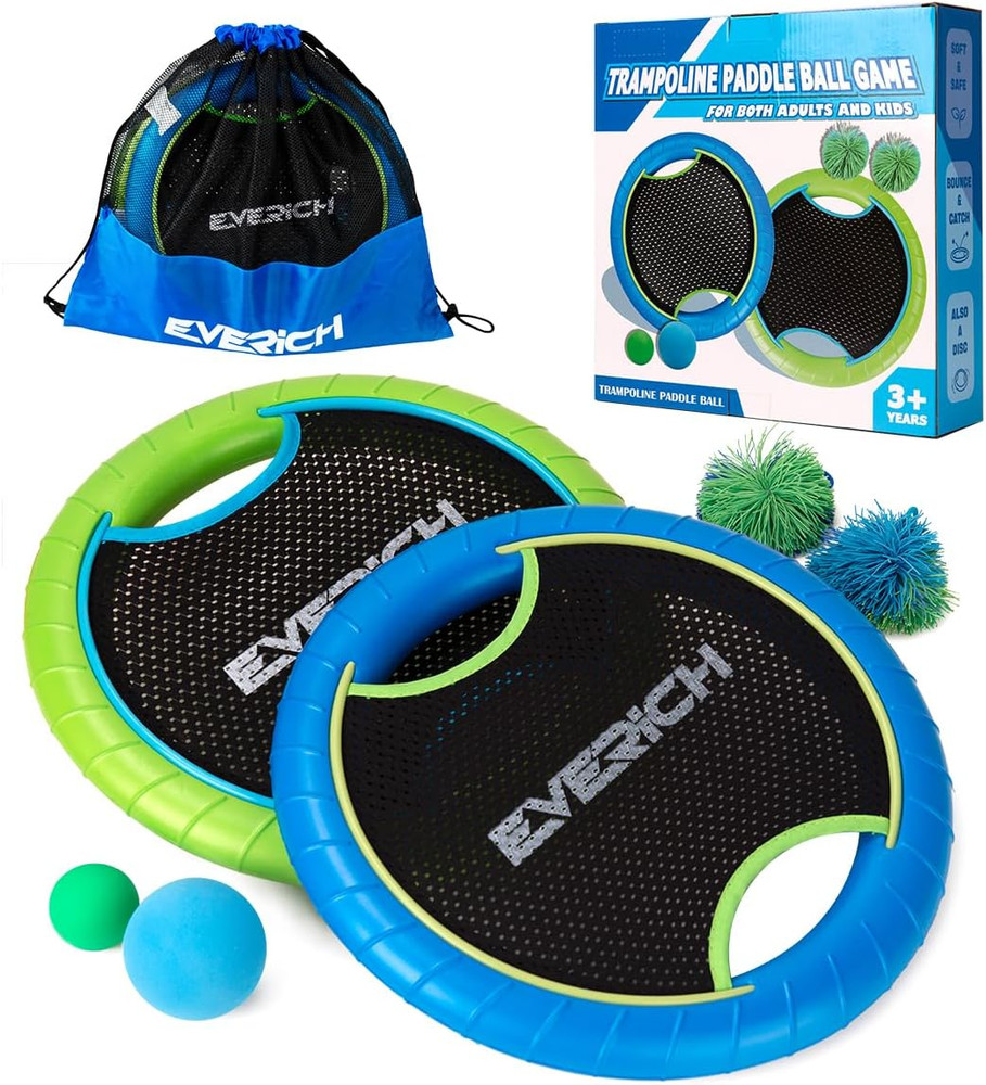 Trampoline Paddle Ball Set with 2 Bouncy Paddles & 4 Balls – Soft Foam Design fo