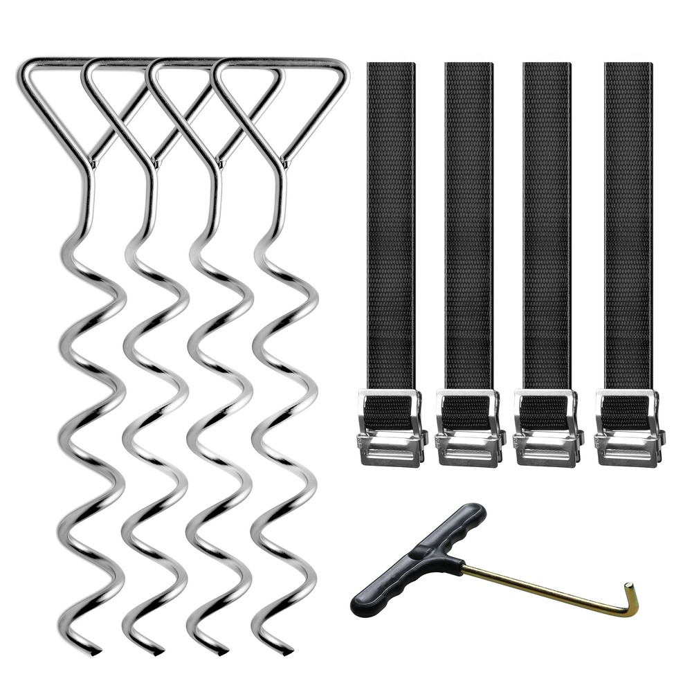 Set of 4 Heavy Duty Trampoline Stakes Corkscrew Anchor Kit with Belt Straps