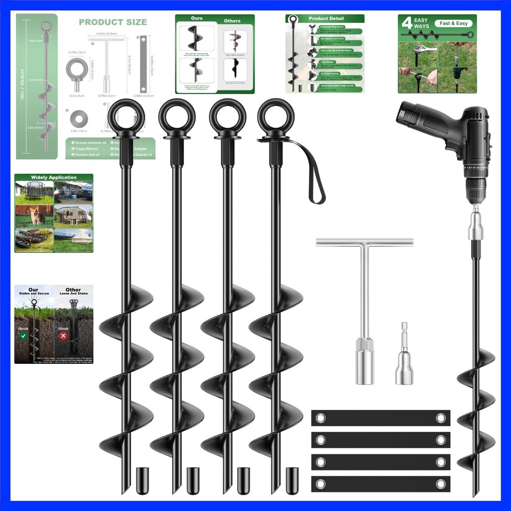 18 Inch Ground Anchors 4 Packs Heavy Duty Fully Welded Trampoline Stakes Scre…