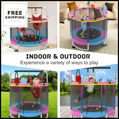 Indoor Trampoline 60 Inch Kids with Enclosure Gymnastics Bar Toys Basketball