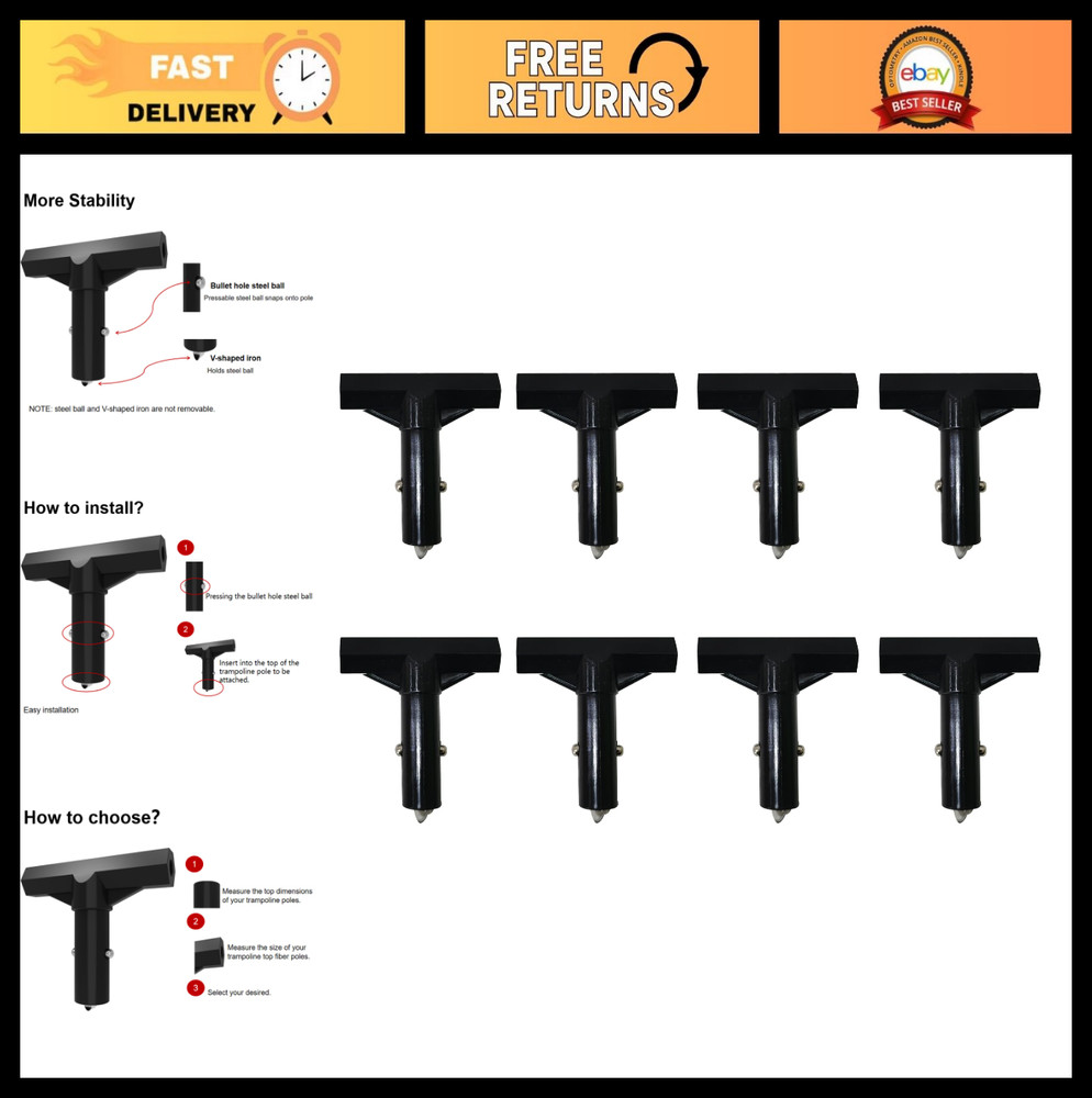 Trampoline Pole Covers & T-Tube Connectors – 8 Pack Black Plastic Caps for Safet