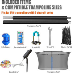 6PCS Trampoline Poles and 14FT Enclosure Net with Solar Light, Universal Trampol