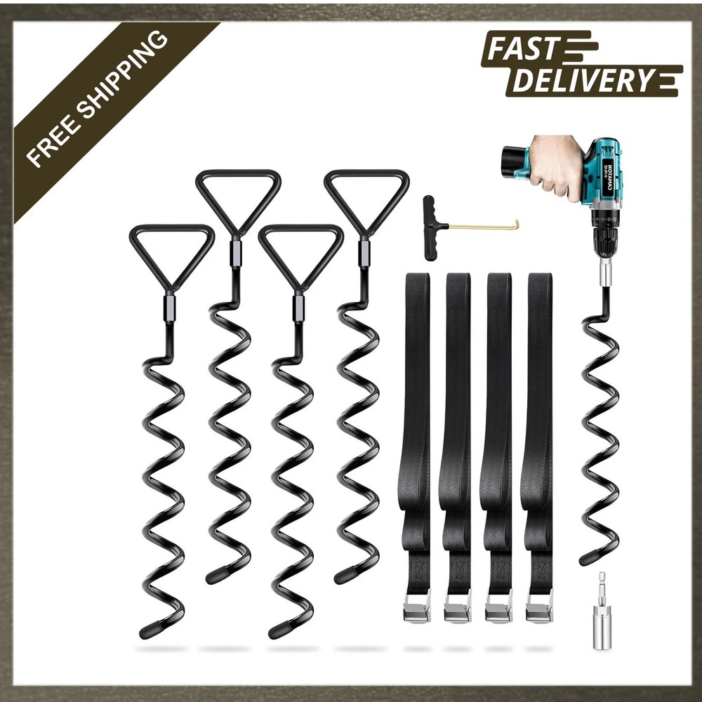 Heavy Duty Trampoline Stakes 4 Pack Ground Anchors with Straps for Wind
