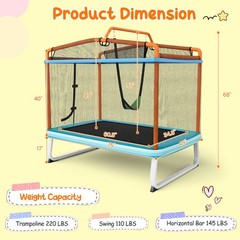 Outdoor 3-in-1 6FT Rectangle Kids Trampoline W/Swing Horizontal Bar & Safety Net