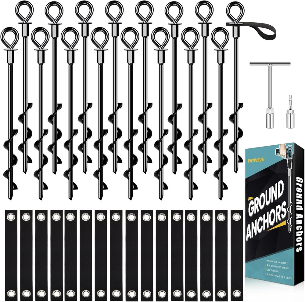 Ground Anchors Screw in 16Pcs, Trampoline Stakes Anchors with Straps Resistant H