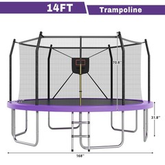 14ft Outdoor Trampoline with LED Lights and Basketball Hoop for Kids & Adults