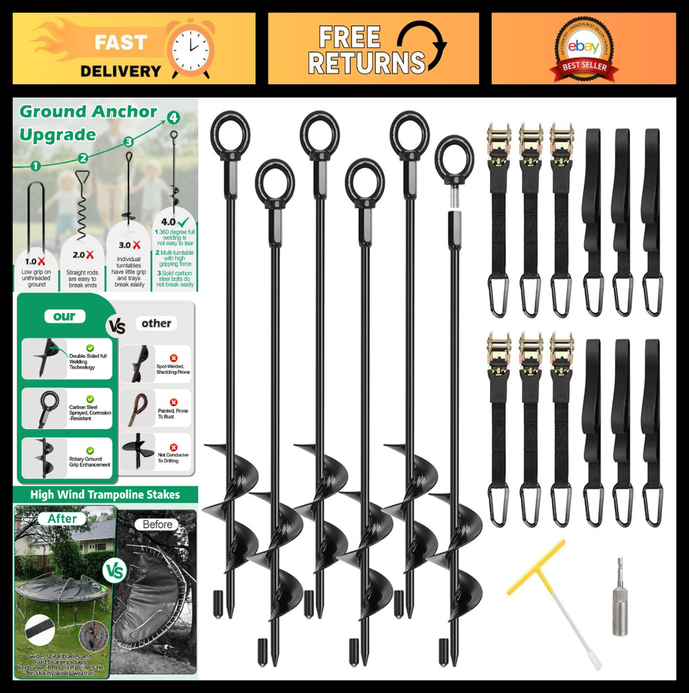 Heavy Duty Trampoline Anchors 6 Pack – 18″ Tie Down Kit with Ratchet Straps & St