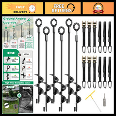 Heavy Duty Trampoline Anchors 6 Pack – 18″ Tie Down Kit with Ratchet Straps & St