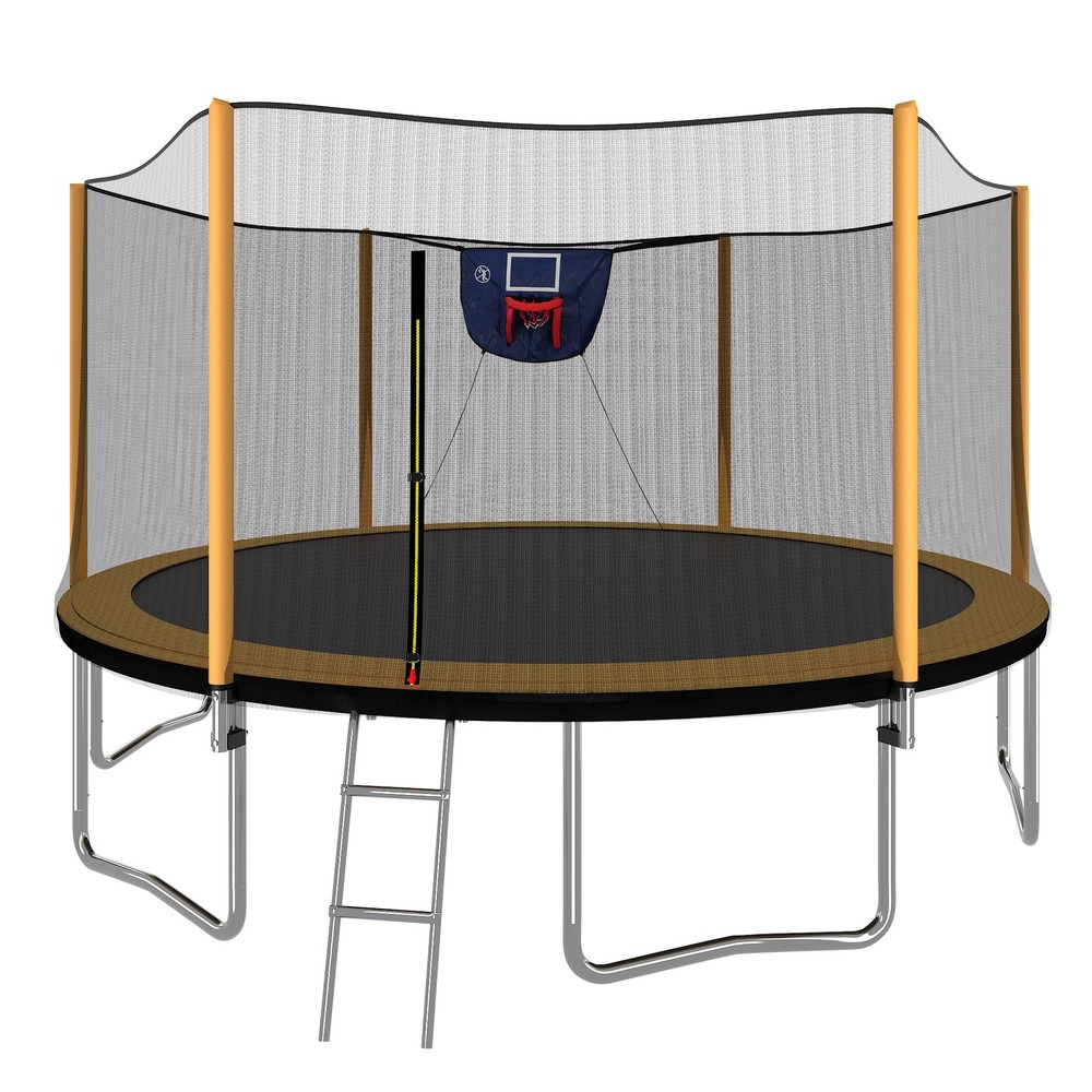 14FT Powder-coated Advanced Trampoline with Basketball Hoop Inflator and Ladder