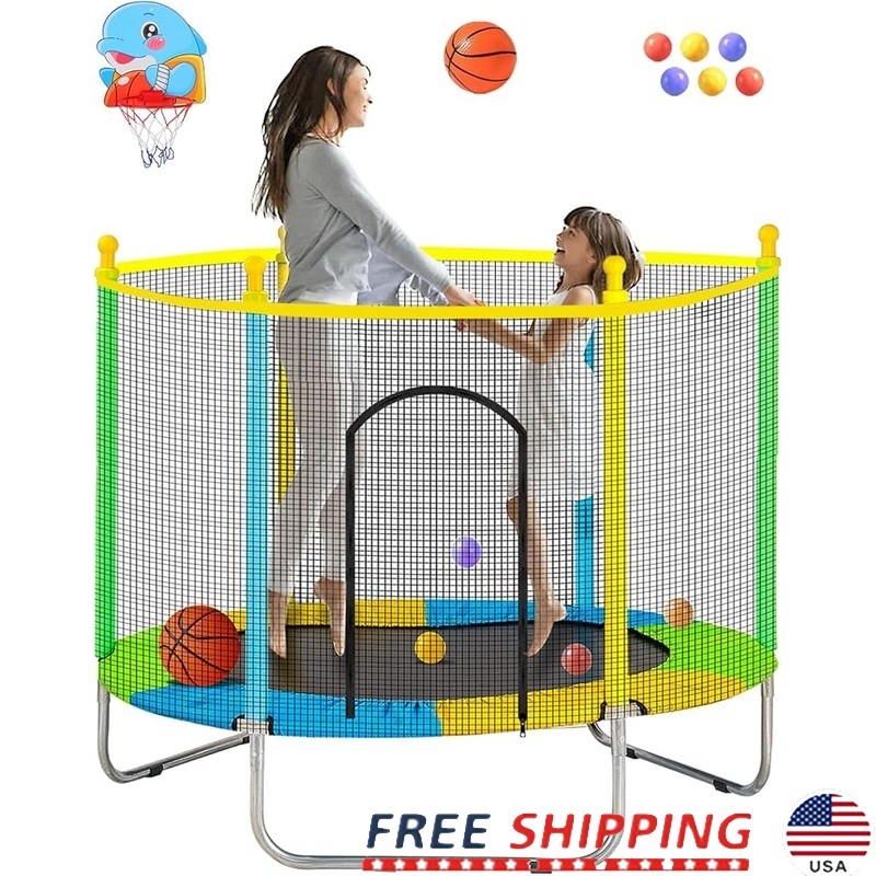 Kids Trampoline W/ Safety Net Dolphin Basketball Hoop Ocean Balls Rebounder 3 US