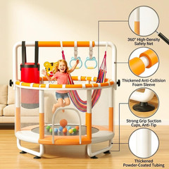 55″ Kids Indoor Trampoline with Safety Net, Adjustable Gymnastics Bar & Toys – I