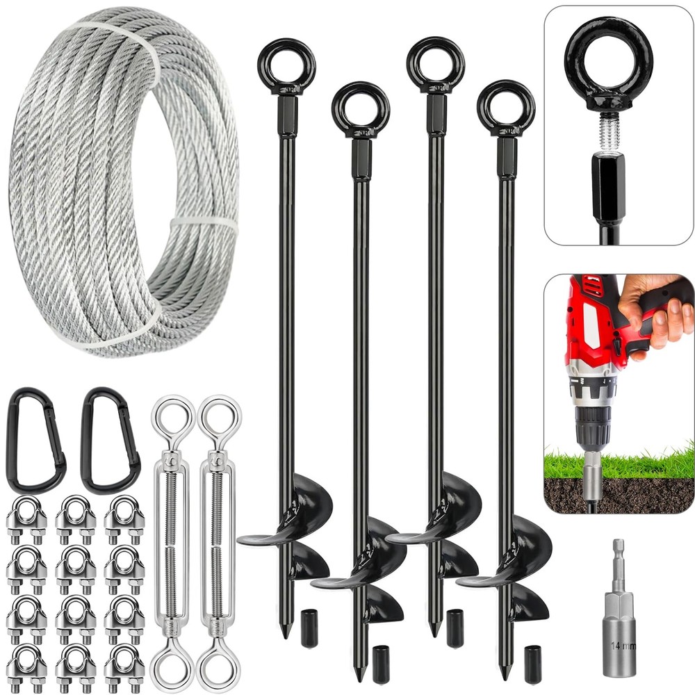 30” Ground Anchors Kit Heavy Duty, Galvanized Steel Anchors with Cable & Turnbu