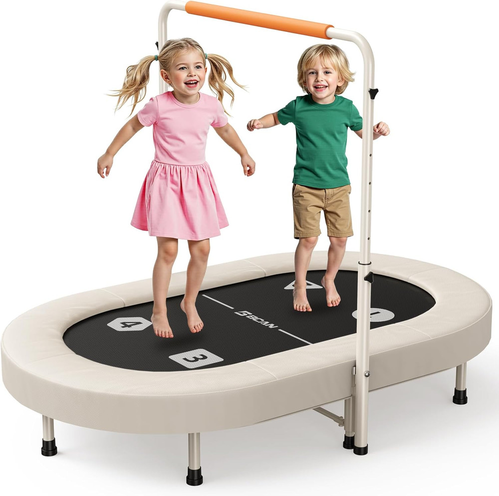 56IN 2-Person Kids Trampoline, Safe-Elastic Band Foldable Frame Trampoline for K