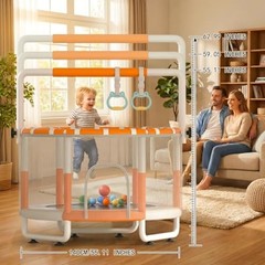 55″ Kids Indoor Trampoline with Safety Net, Adjustable White (Powder-Coated)