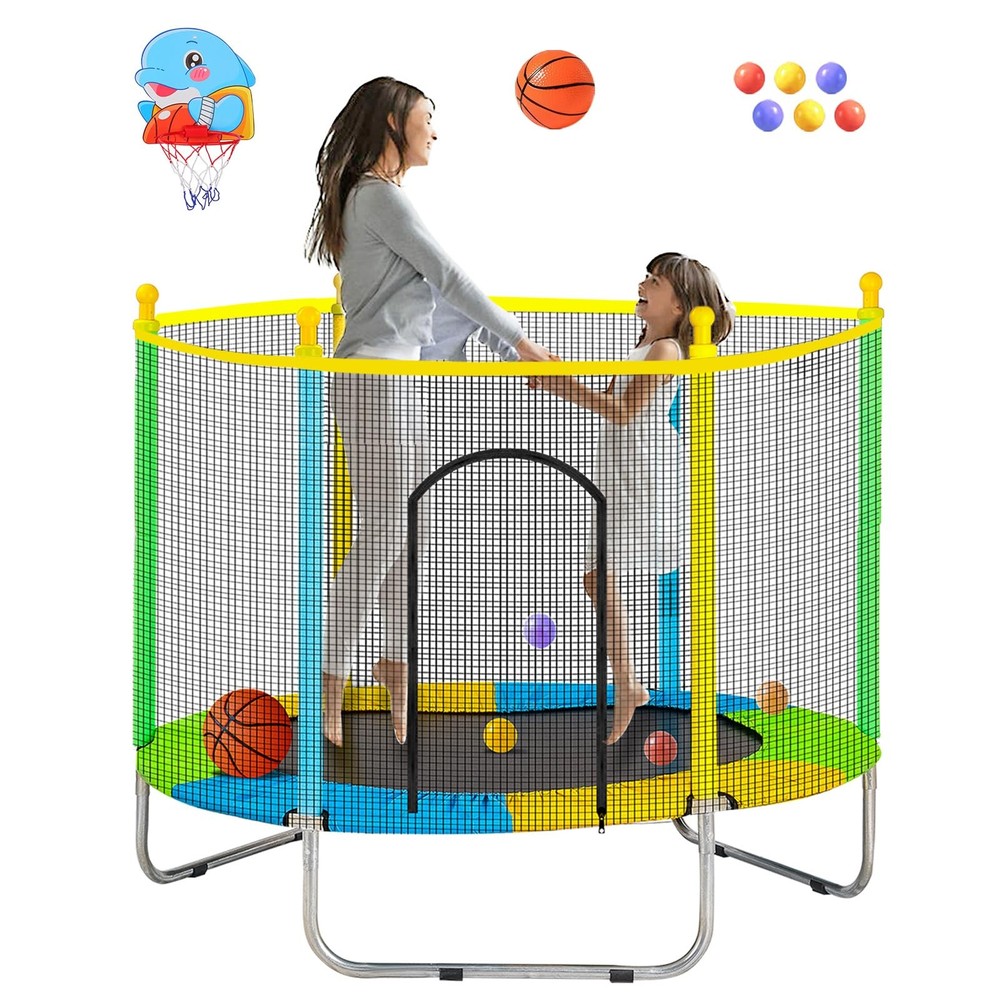 Juoe 55 Inch Trampoline Kids Enclosure 440lbs Safety Net Basketball Hoop