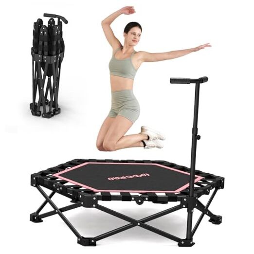 Foldable Mini Trampoline, 42” Rebounder Trampoline with Adjustable Foam Pink