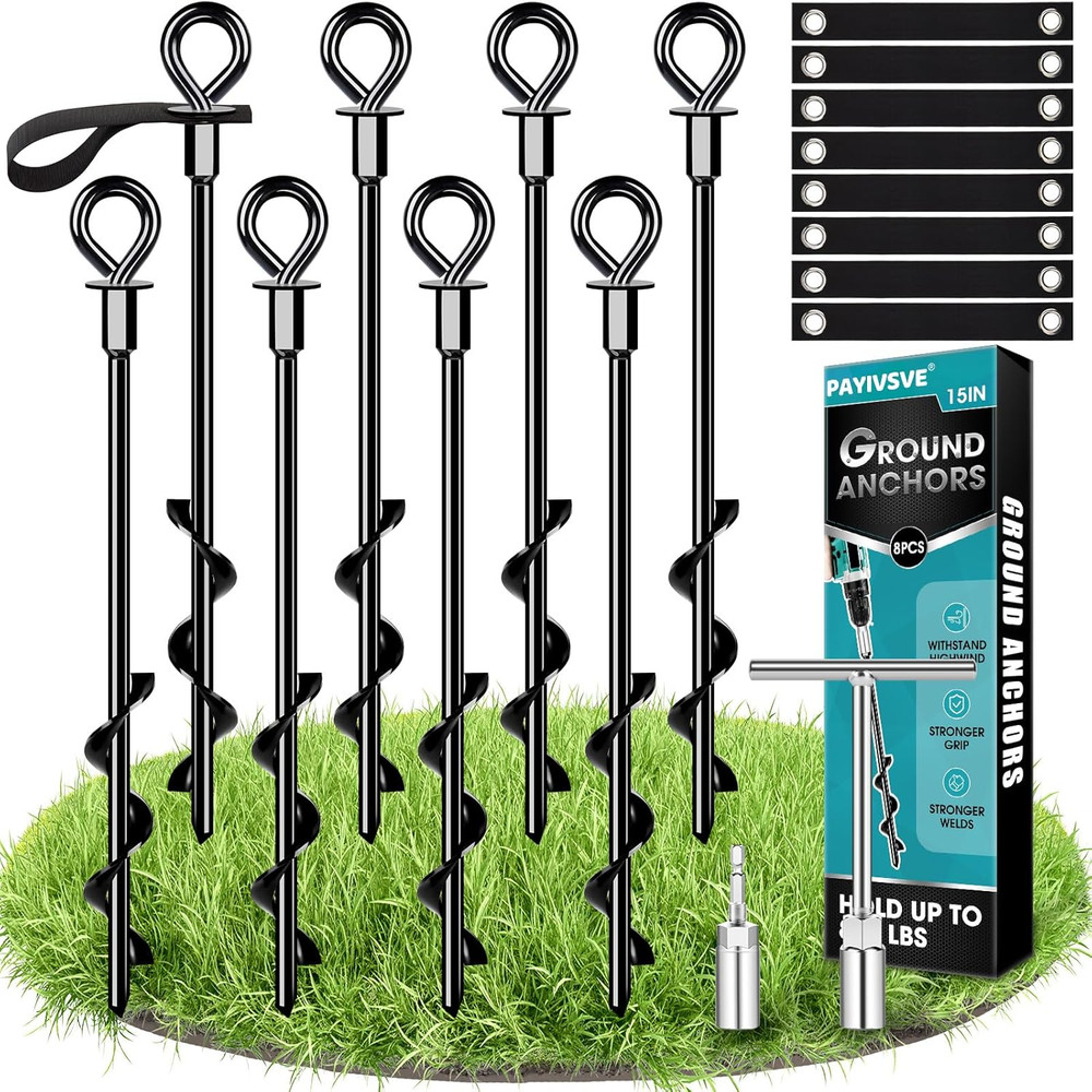 Ground Anchors Screw in 8Pcs, Trampoline Stakes Anchors with Straps Resistant Hi