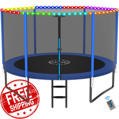 Kids Outdoor Trampoline 3 Person 8 FT Lights Enclosure Net Ladder Blue 800lb Cap