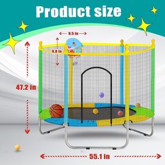 Juoe 55 Inch Trampoline Kids Enclosure 440lbs Safety Net Basketball Hoop
