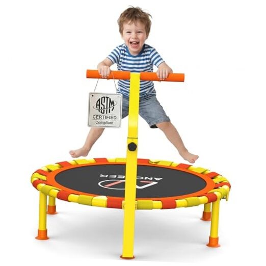 38” Kids Trampoline with Adjustable Handle, Indoor Outdoor Safe Yellow