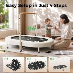 56IN 2-Person Kids Trampoline, Safe-Elastic Band Foldable Frame White