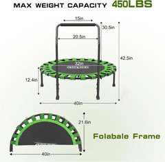 40/48″ Fitness Trampoline for Adult, Max Load 450 LBS, Foldable Mini Trampoline