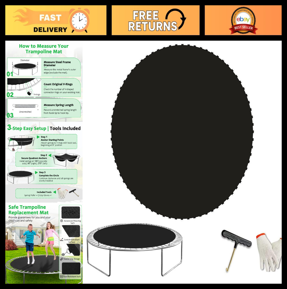 Heavy-Duty Replacement Trampoline Mat, UV-Resistant Bounce Pad for 12/14/15ft Ro