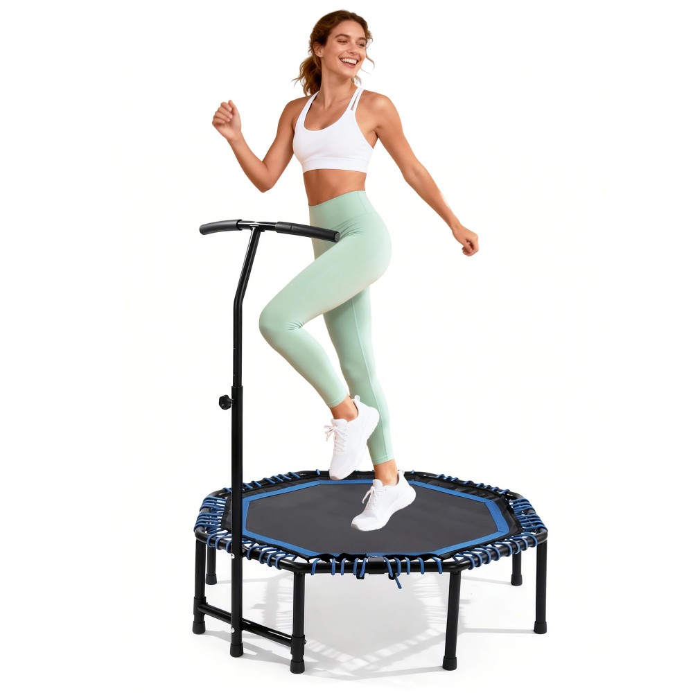 48in Adult Trampoline w/Adjustable Handle – Foldable Cardio Rebounder Gym