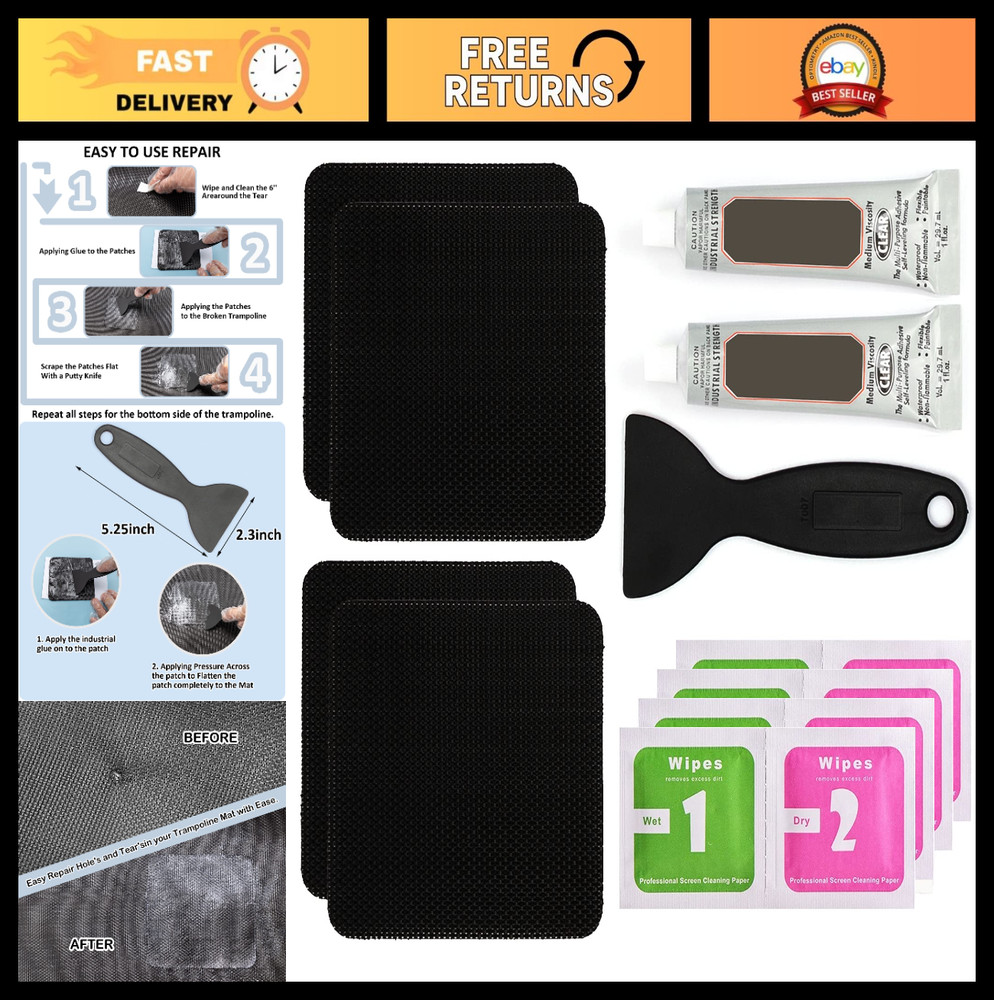 Trampoline Repair Kit – 4″x4″ Square Patches for Mat Tears & Holes, Easy Fix