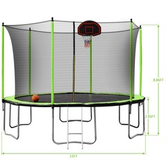 15FT Trampoline with Basketball Hoop Inner Safety Enclosure for Outdoor Garden