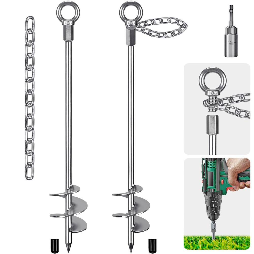 30” Ground Anchors Screw in with Chain, Heavy Duty Trampoline Stakes, 2pcs T…