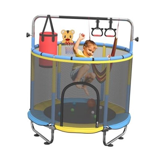 60″ Trampoline for Kids, 500lbs Capacity Indoor Outdoor Toddler Yellow-Blue