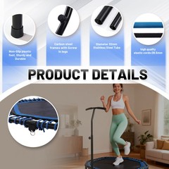48in FoldableRebounderTrampoline Adjustable Handlebar 450lbs Bungee Quiet Cardio
