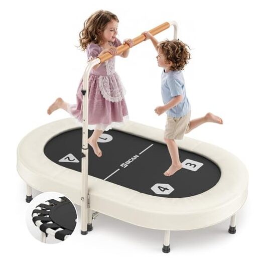 56IN 2-Person Kids Trampoline, Safe-Elastic Band Foldable Frame White
