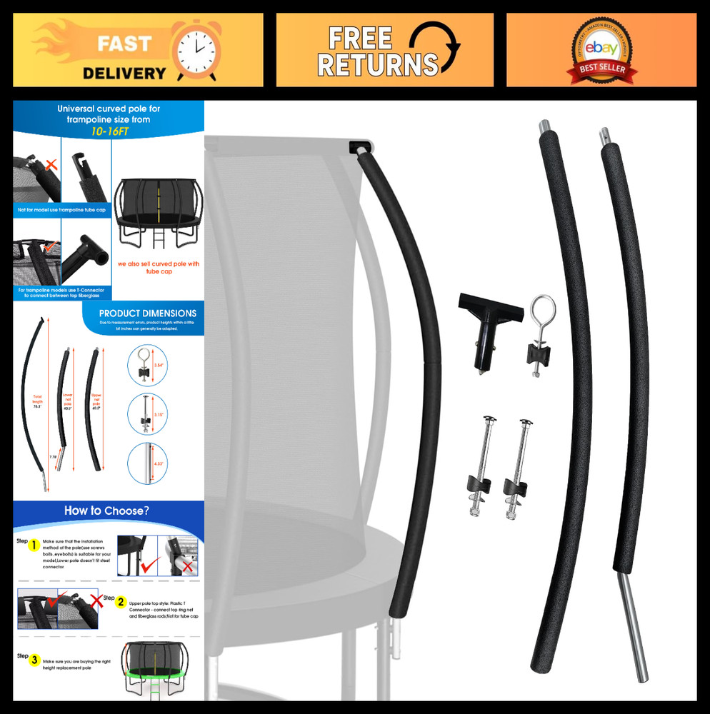 Universal Curved Trampoline Pole Replacement for 10-16ft Frame, T Connector & Fo