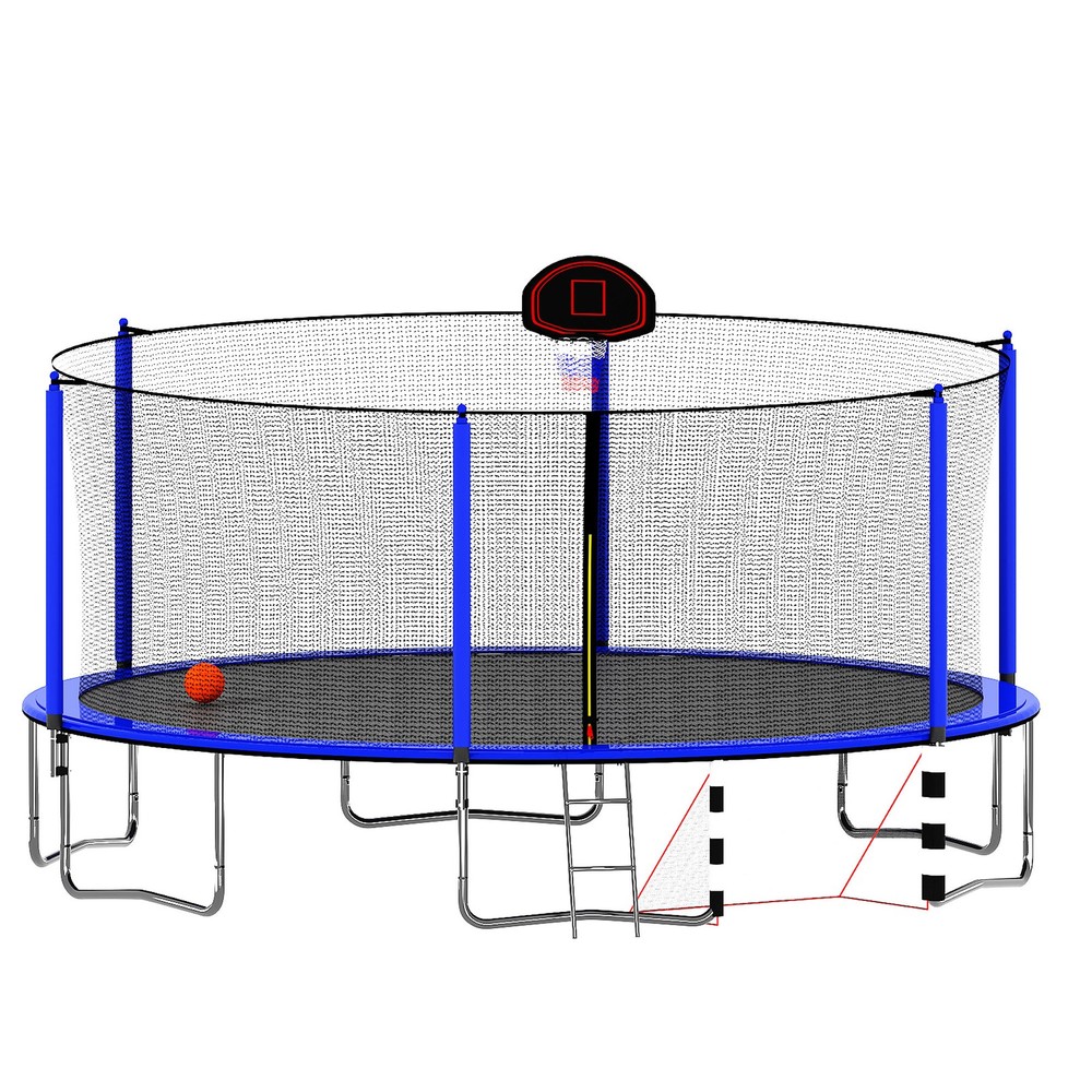16FT Outdoor Trampoline w/Basketball Hoop Inner Safe Enclosure Soccer Goal Blue