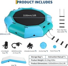 🔥10FT Inflatable Water Trampoline, Floating Lake Trampoline for Adults Portable