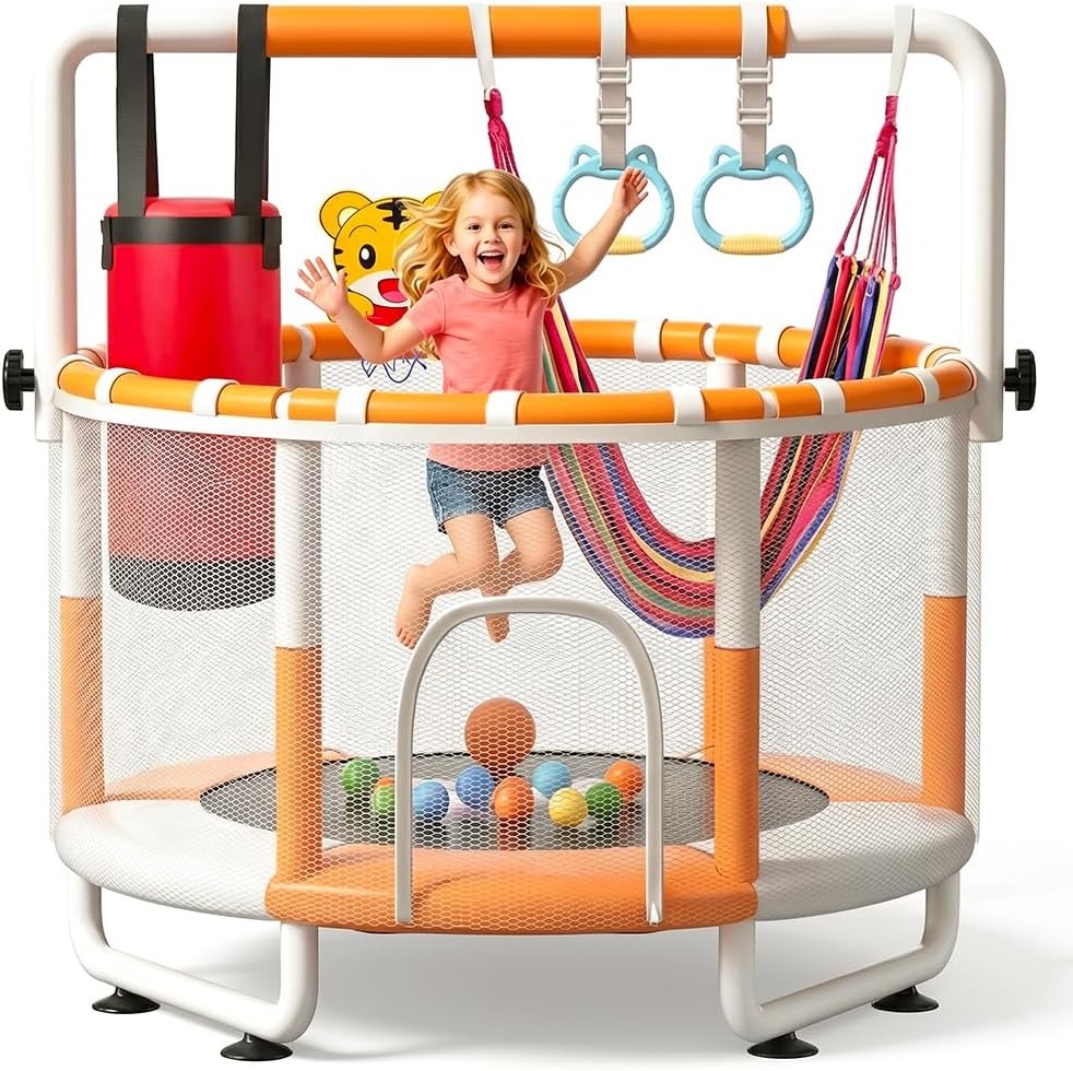 55 Inch Kids Trampoline with Safety Net Gymnastics Bar