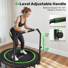 BCAN 48″ Exercise Rebounder Trampoline with Handle Quiet & Stable Bungees 550Lbs