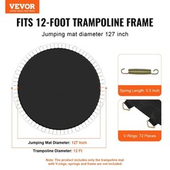 Durable Round Trampoline Mat 12ft 72 V-Rings 5.5in Springs Long Life Span