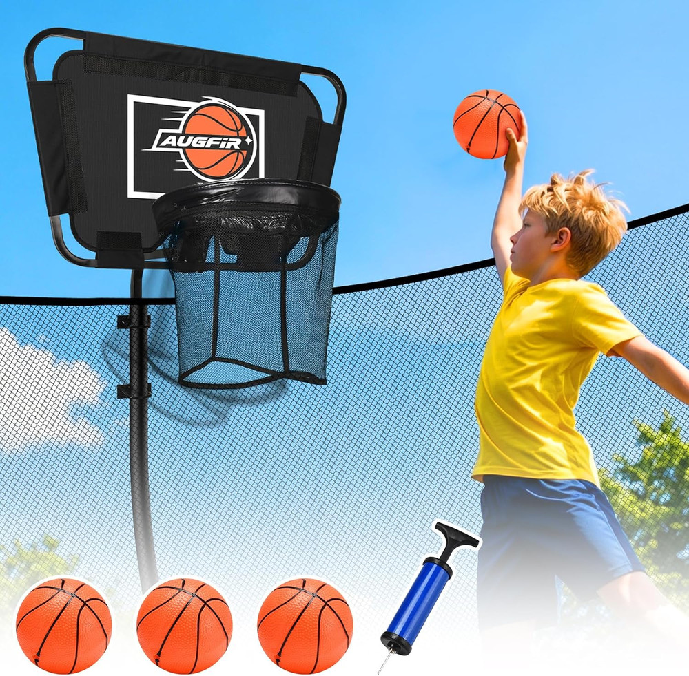 Metal Trampoline Basketball Hoop | with Mini Ball & Pump, Fits Straight & Curved