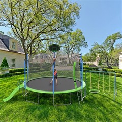 12FT Trampoline w/Slide and Swings, ASTM Approved Large Recreational Trampoline