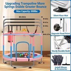 60″ Toddler Trampoline for Kids, 5FT Adjustable Trampoline Indoor Outdoor wit…