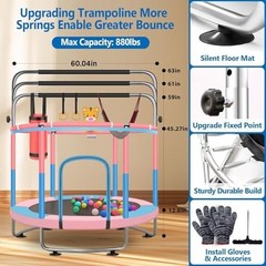 60″ Adjustable Toddler Trampoline with Enclosure Net, Gym Bar & Basketball Hoop,