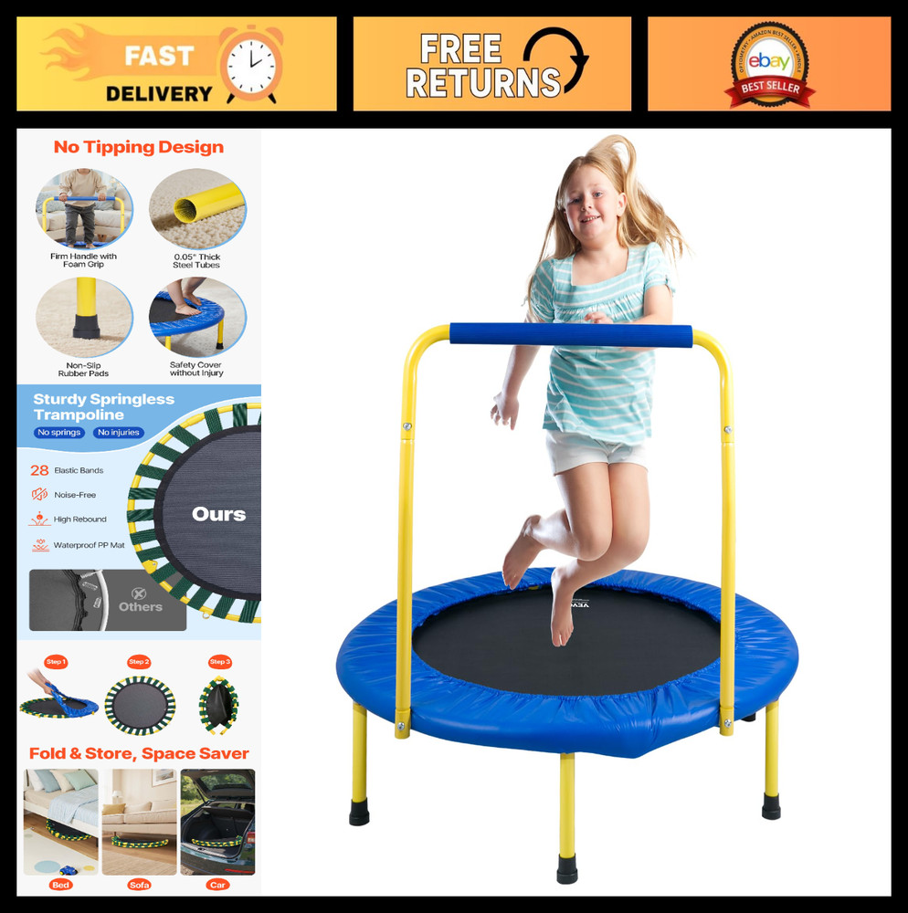 3FT Trampoline for Kids – Indoor/Outdoor Mini Jump Toy, Foldable with Foam Handl