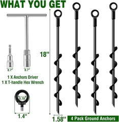 Ground Anchors Screw in 18 Inch 4 Pack Spiral Swing Set Trampoline Earth Anchor