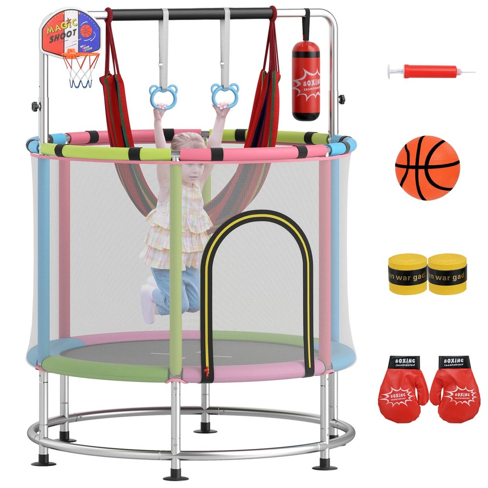 6-in-1 Kids Trampoline Combo 55″ Toddler Play Activity Center w/Hammock Pink