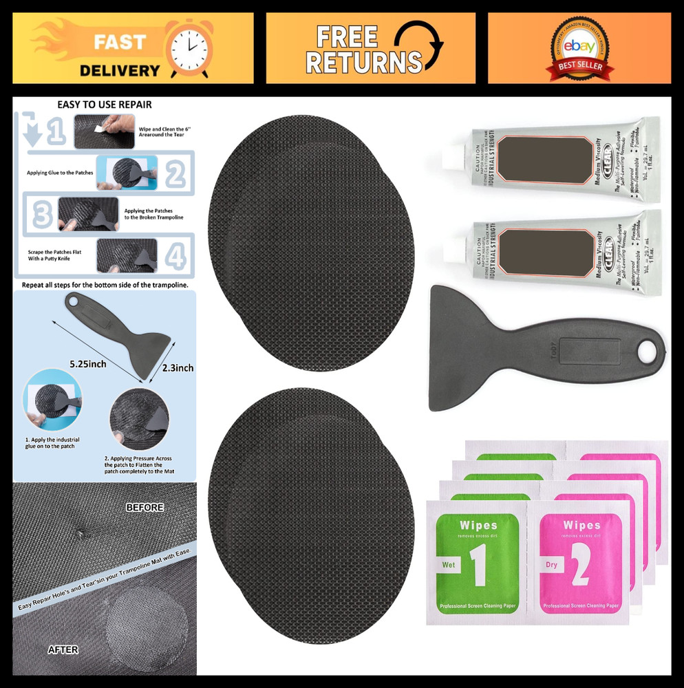 Trampoline Repair Kit – 4″ Circle Patches for Mat Tears & Holes – Easy Fix