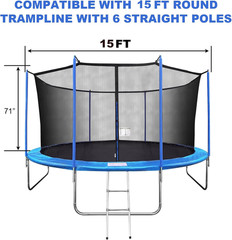 Trampoline Net Replacement with 6 Polecaps, 12Ft 14Ft 15 Ft round Frame, Durable
